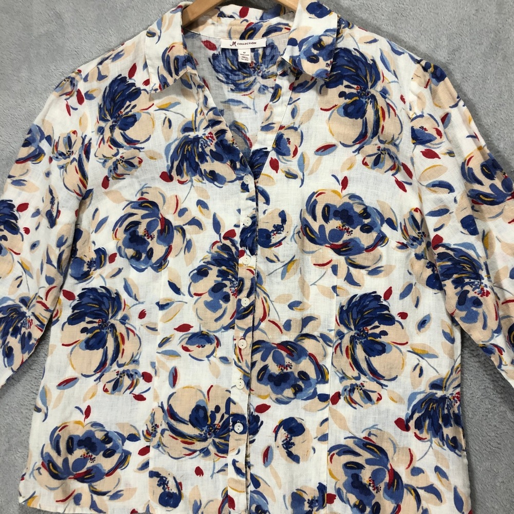 JM Collection Floral Print Button-Up Top Tie Sleeve Linen Blend Size 12